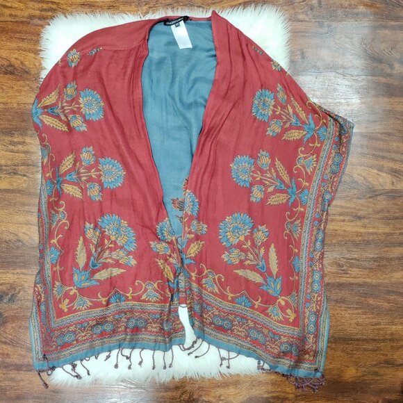 Colleen Lopez Boho Lagenlook Woven Reversible Ruana Fringe Cardigan Shawl XL - Picture 8 of 13